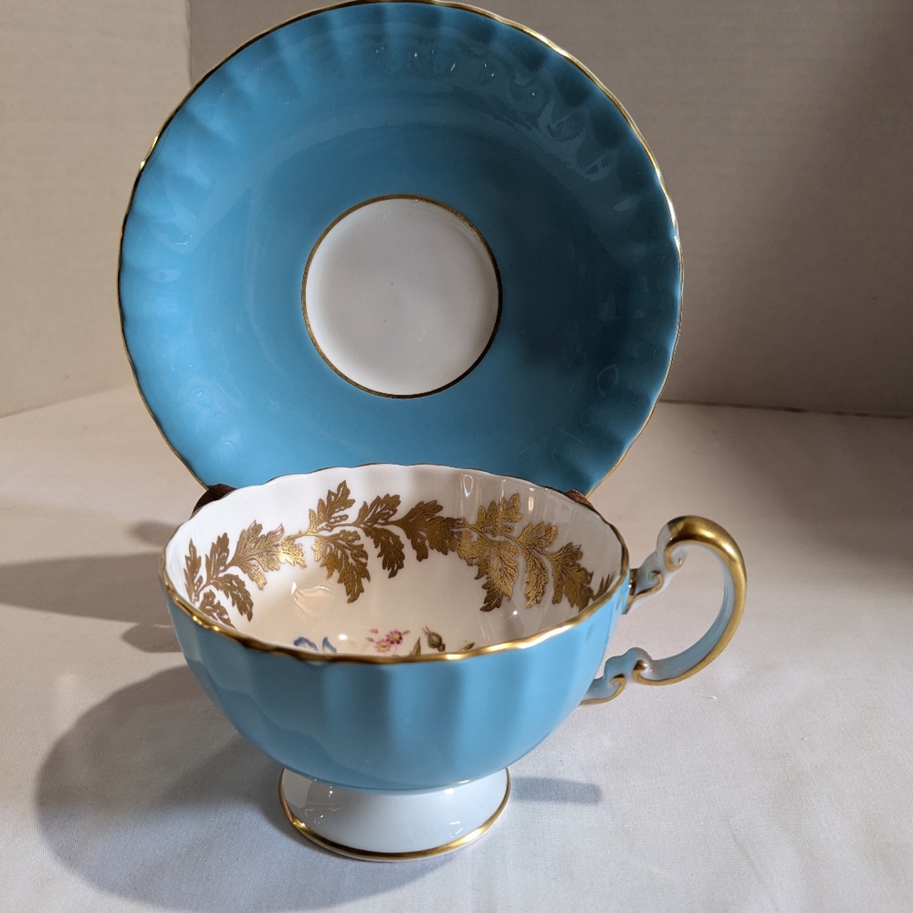 VTG Aynsley Turquoise Blue Teacup And Saucer Floral Gold Trim #2960